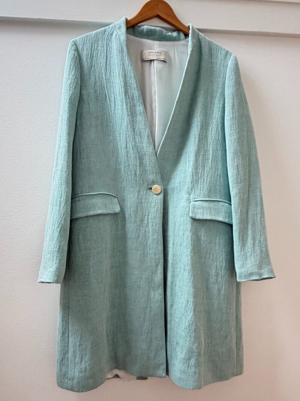 Zara - Mid length Jacket, cotton/linen blend, mint/light blue colour, Small
